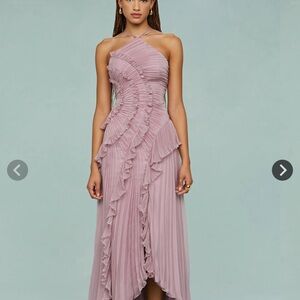 Pleated Ruffle One-Shoulder Midi Dress - Dusty Rose